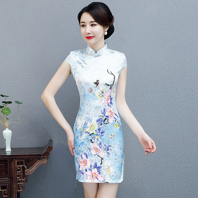 Черное Красное китайское традиционное платье женское шелковое атласное cheongsam винтажное Ципао с коротким рукавом длинное платье с цветами плюс - Цвет: color8