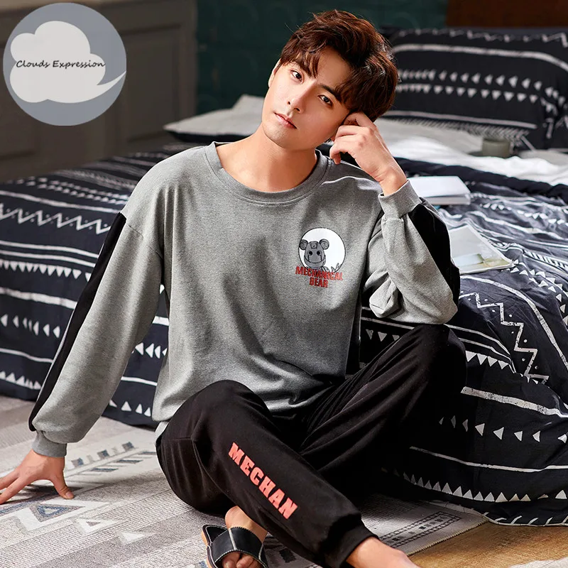 

Autumn Winter Men's Cotton Pajamas Letter Striped Sleepwear Cartoon Pajama Sets Casual Sleep&Lounge Pyjamas Plus Size 3XL Pijama