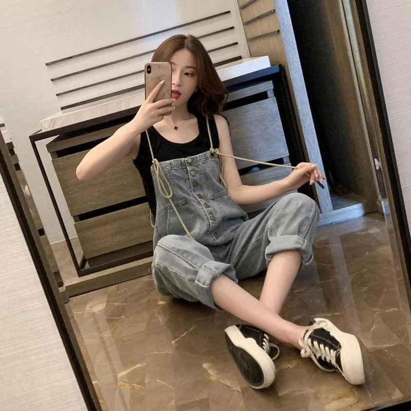 Женский джинсовый комбинезон Ulzzang элегантный Свободный в стиле ретро до