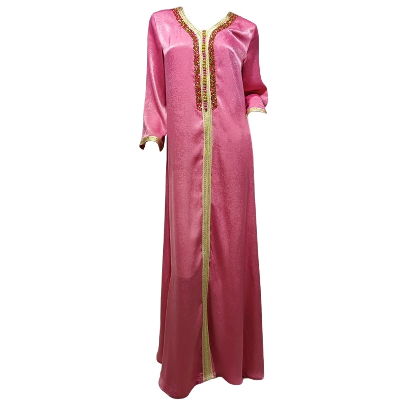 

Ramadan Eid Muslim Pink Maxi Dress Women Embroidery Trim Turkey Arabic Dubai Robe Rhinestone Ribbon V-Neck Islamic Clothing Gown