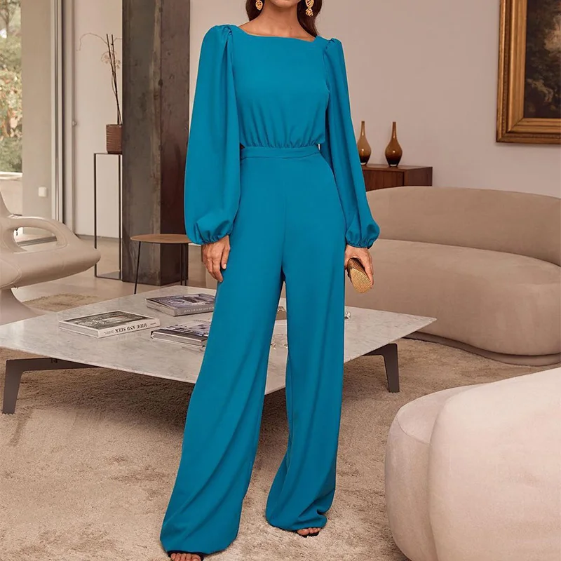 

Sexy Backless Hollow Bowknot Commute Jumpsuit Elegant Lantern Sleeve Solid Office Rompers Casual O Neck Women Overalls Playsuits