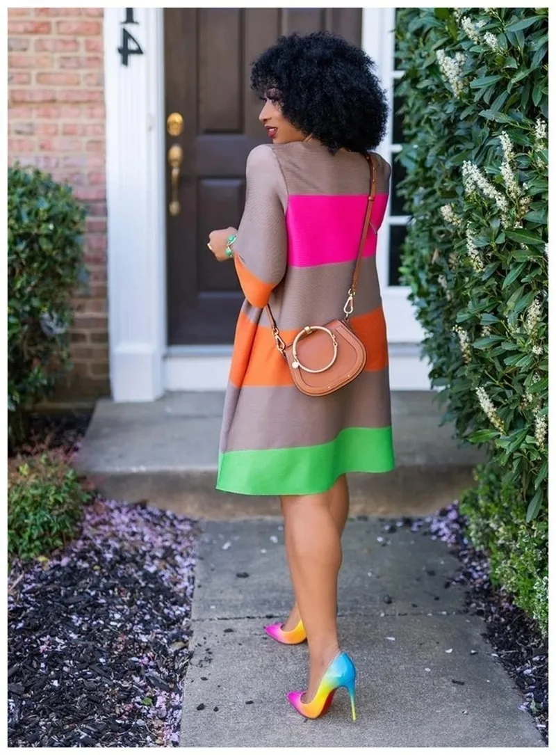 

Dress Office Lady Contrast Color Patchwork A-line Dress Fashion Retro Summer Streetwear Women O Neck Short Sleeve