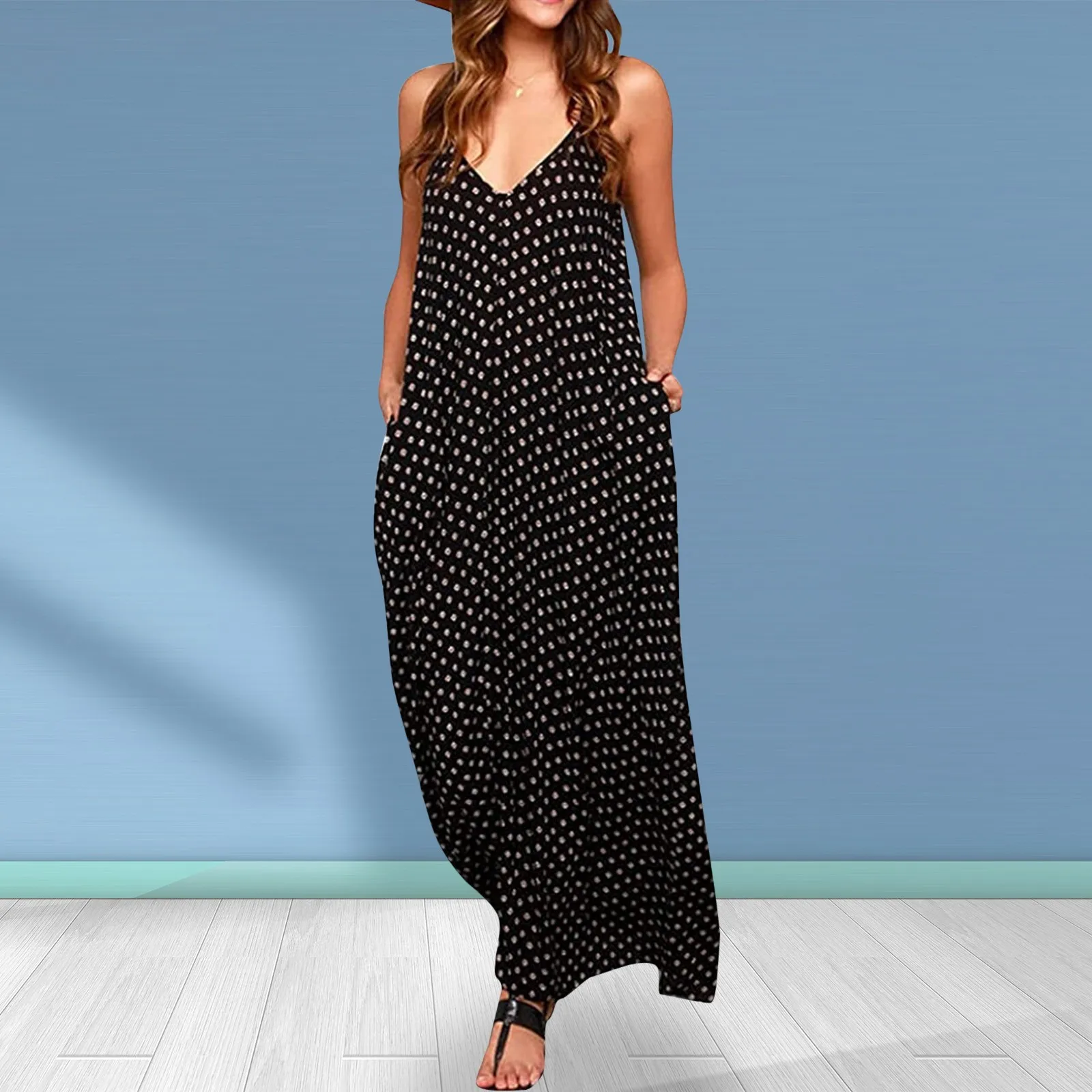 Женское летнее платье-макси в горошек шифоновое пляжное длинное платье без