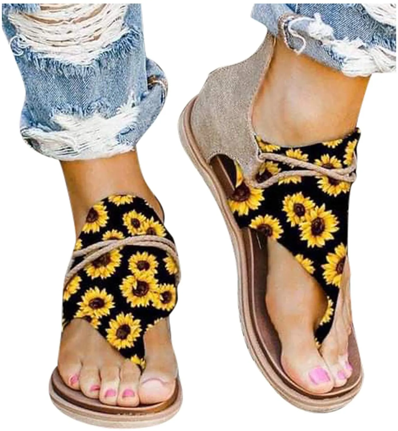 

Cooeverly Women 2021 Flat Sandals Vintage Flower Print Summer Shoes Beach Leather Sandals Retro Gladiator Flip Flops Slippers