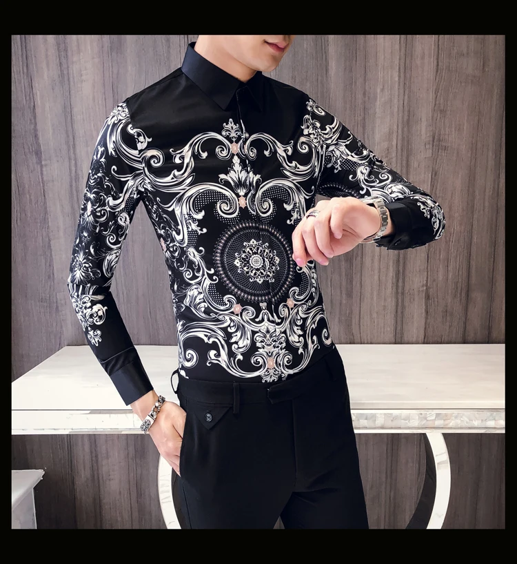 Мужская рубашка с принтом пейсли, Camisa, облегающая мужская деловая рубашка для мужчин, облегающая Корейская одежда, мужская рубашка для выпускного вечера