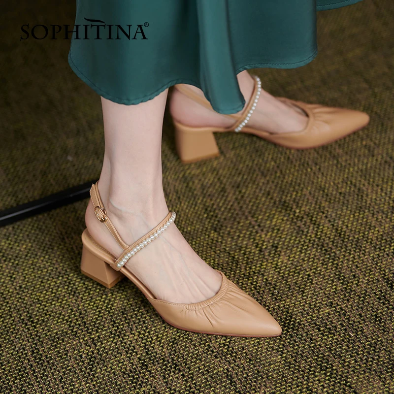 

SOPHITINA Women Sandals Concise Pearl Buckle Soft Premium Leather Female Sandals Thick Heel Pointed Toe Fashion Lady Shoes WO37