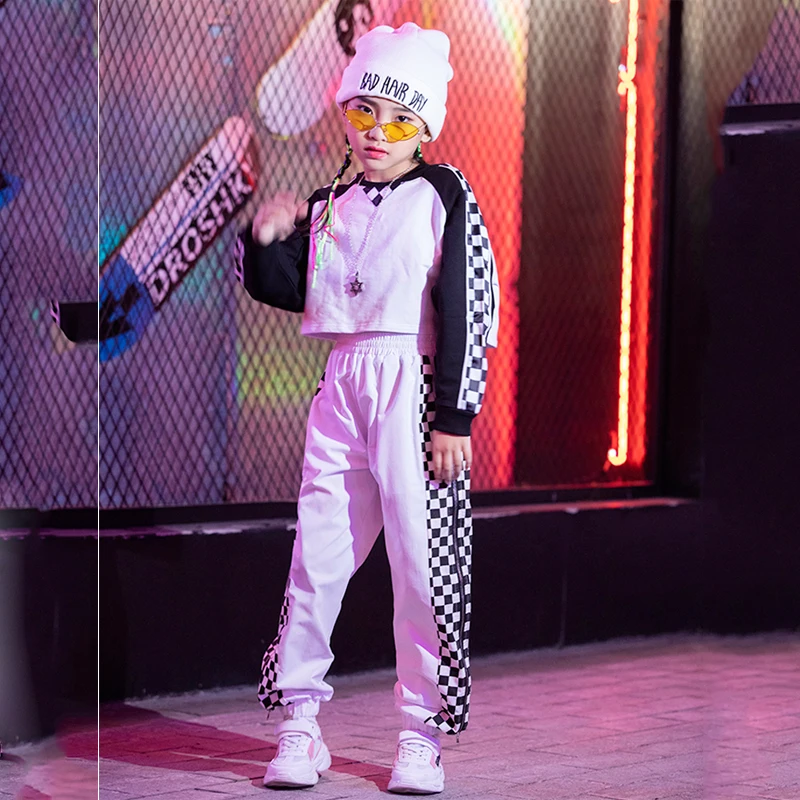 

Hip Hop Dance Costumes For Girls White Long Sleeve Plaid Suit Jazz Clothing Street Dance Children Stage Outfits 110- 180