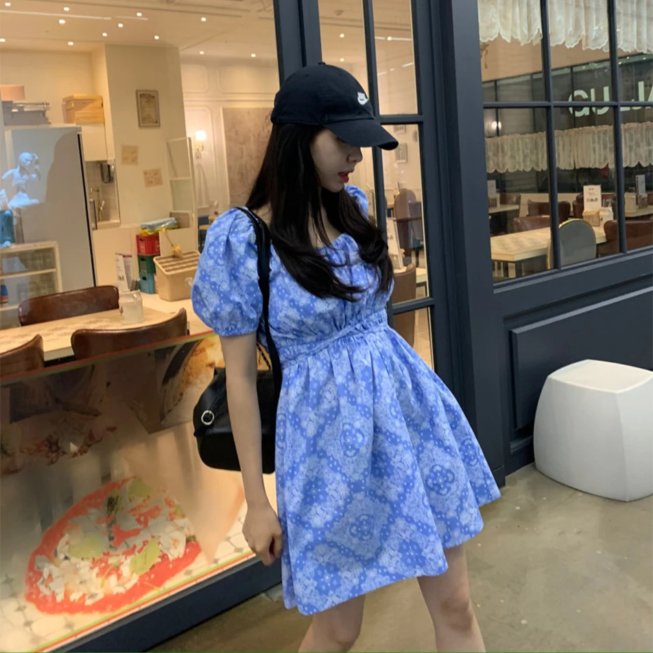 

Vintage Summer Print Women Dress Square Collar Casual Short Dresses Female Fashion Full Sleeve Green Clothes Lady