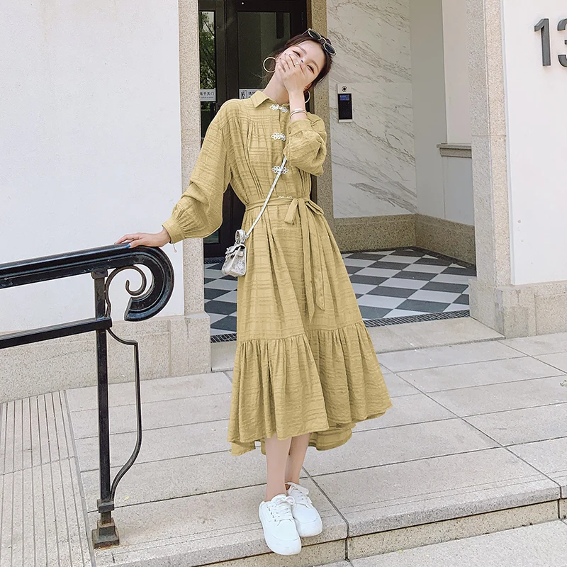 

Женское винтажное платье с длинным рукавом, Элегантное Длинное Платье с отложным воротником, свободное повседневное весеннее платье, модел...