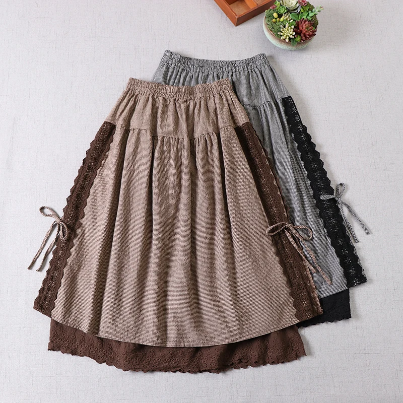 

Женская клетчатая юбка в японском стиле Mori Girl, хлопковые льняные свободные кружевные трапециевидные юбки