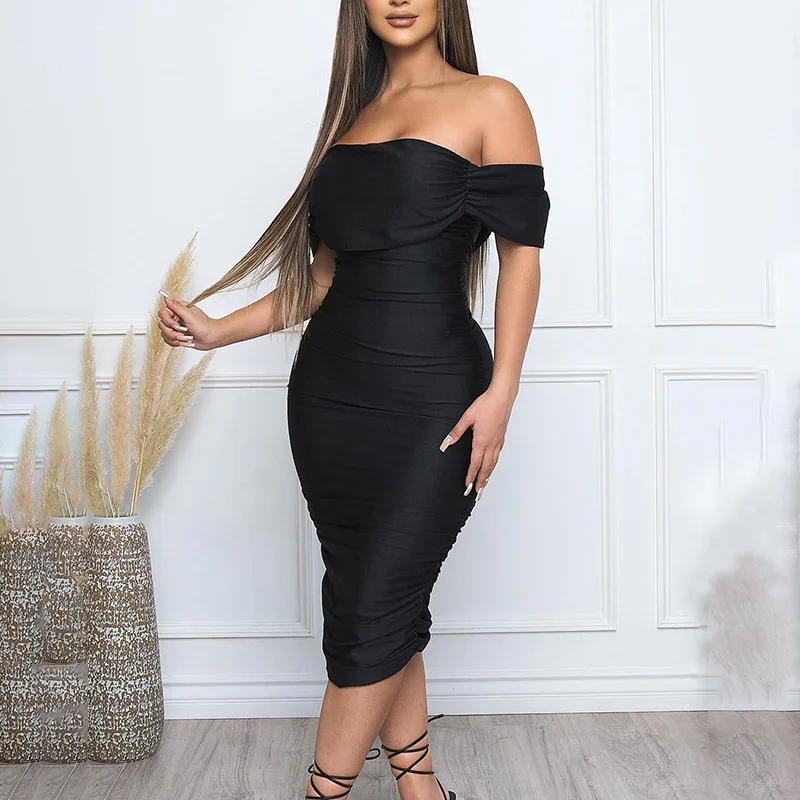 

2021 Spring Festival Party Dress Off Shoulder Ruched Skinny Short Sleeve Solid Elegant Ball Gowns Fashion Women Sexy Robes New