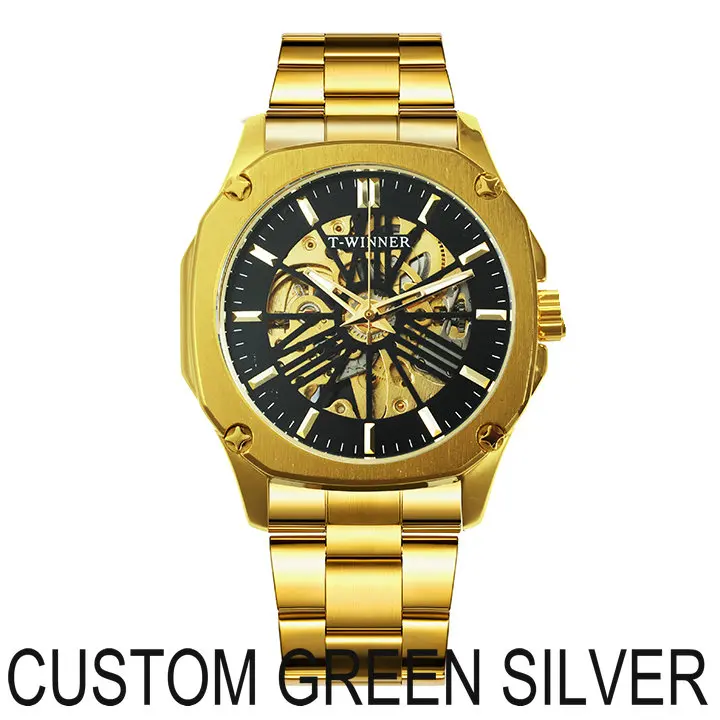 CUSTOM GREEN SILVER WINNER официальный розовое золото автоматические механические мужские часы лучший бренд класса люкс Скелет квадратный циферблат Винтаж Бизнес наручные часы - Цвет: CUSTOM GREEN SILVER