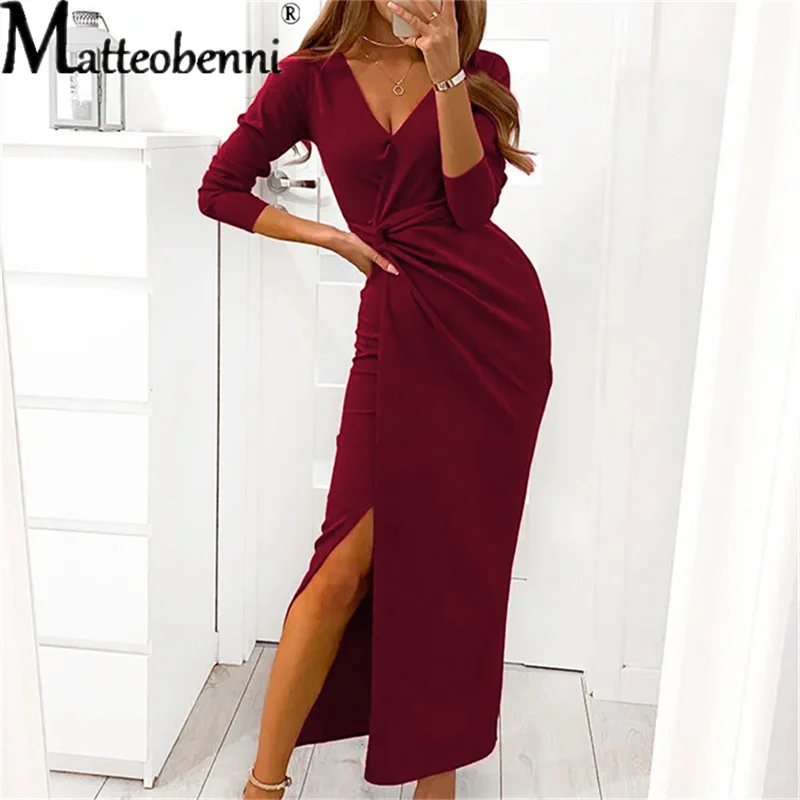 Купи Women's Split Maxi Sexy Long Sleeve Dress 2021 Autumn V Neck Solid One-Piece Evening Feminine Elegant Party Dresses Pleated Robe за 862 рублей в магазине AliExpress