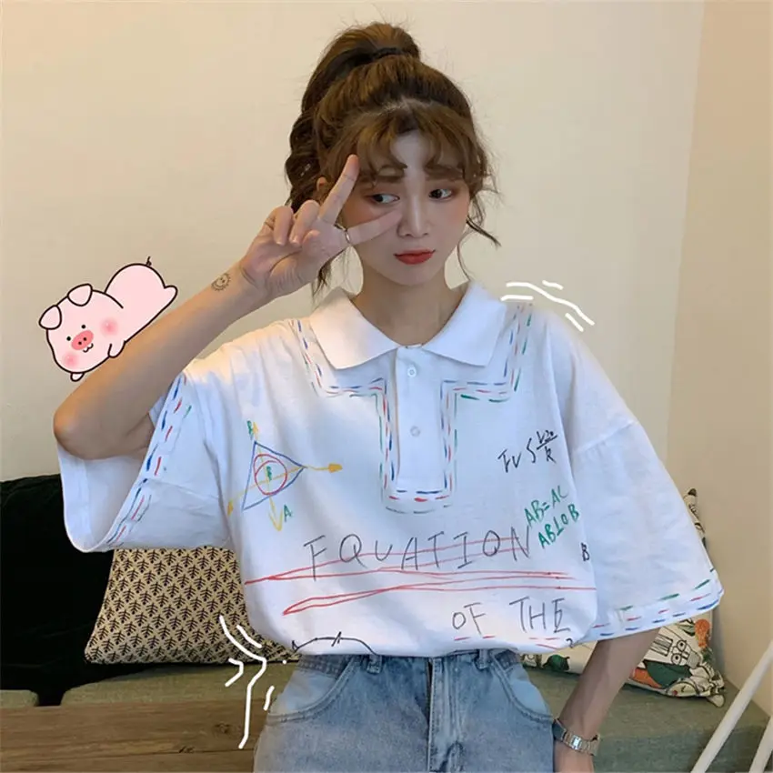 

Summer New Polo Collar T-shirt Short-sleeved T-shirt Women Korean Loose Harajuku Style Half-sleeved Female Plus Fashion