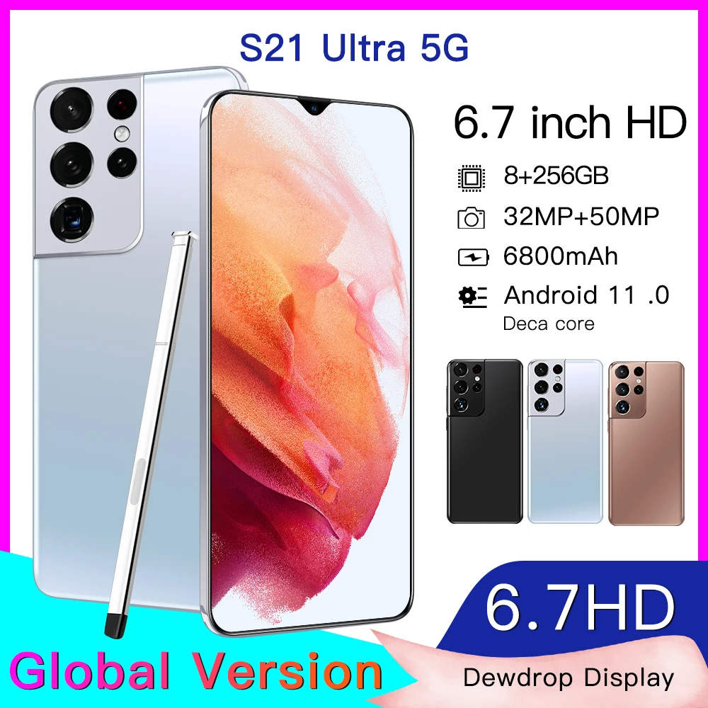

New Galxy Global Version S21 Ultra 5G 6.7''Dewdrop Screen Android 11 Mobile Phone 8GB RAM 256GB ROM Deca core Smartphone 6800mAh