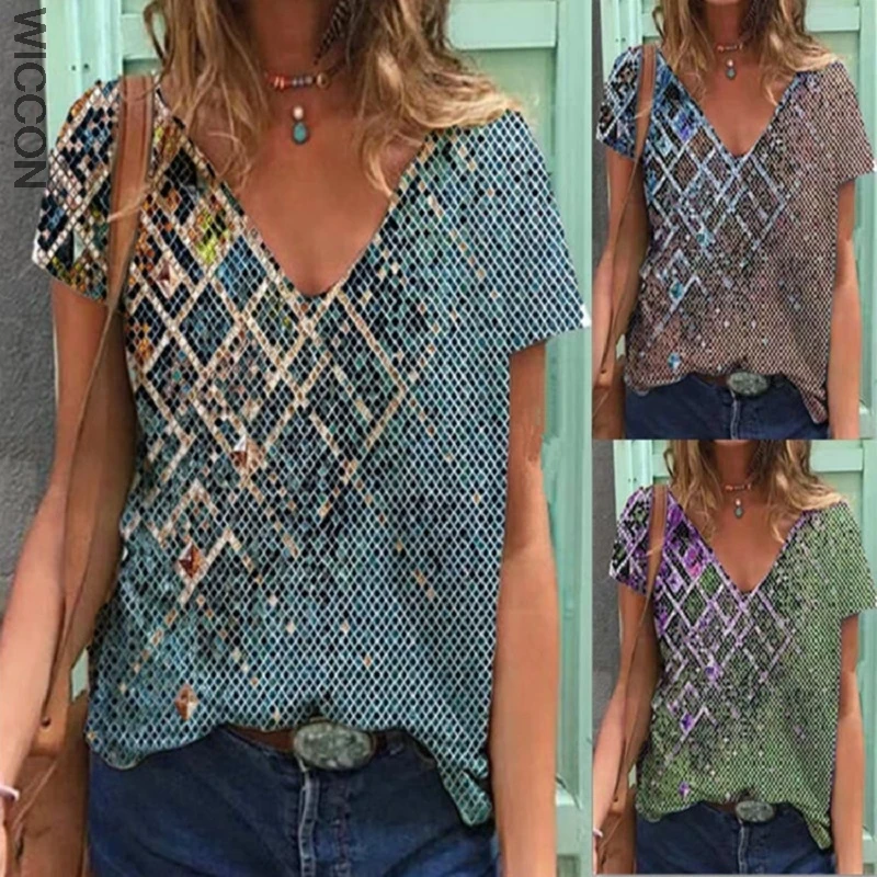 

Plus Size Women T-shirt Tie dye geometric print V-neck short sleeve Tshirt Streetwear Casual Fashion European Female Tees Tops