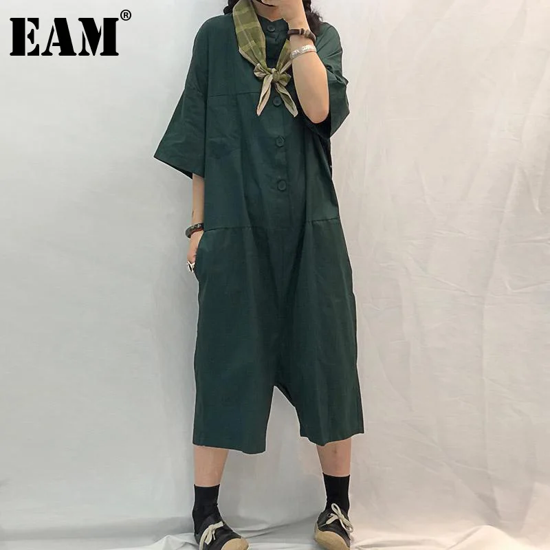 

[EAM] Black Casual Button Loose Women Rompers New High Waist Pocket Stitch Half Pants Fashion Tide Spring Summer 2022 1DD8530