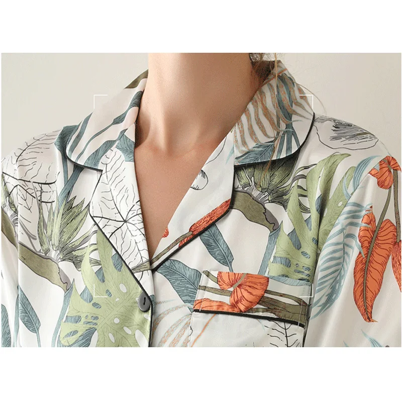 Printed Women Satin Pajamas Set Two-pieces Short Sleeve Top and Long Pants Silk like Sleepwear Loungewear Ladies Homewear