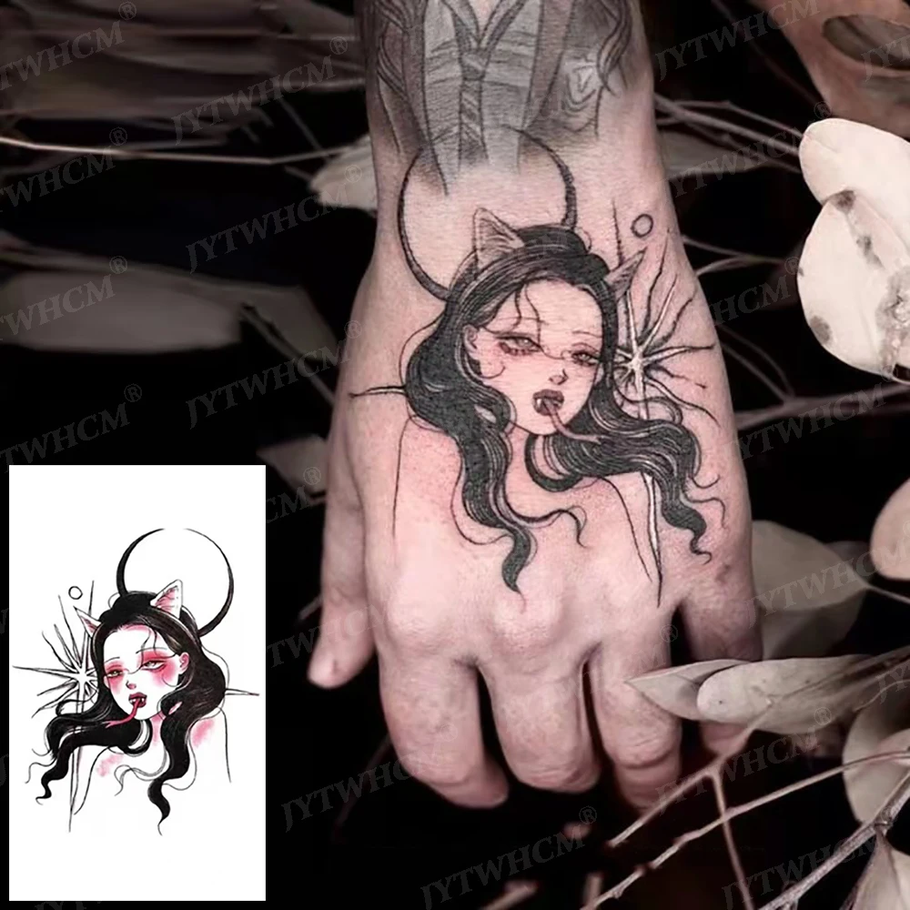 

Waterproof Temporary Tattoo Sticker Moon Witch Girl Flame Finger Tattoos Smiley Black Square Rose Flower Art Flash Fake Tattoos