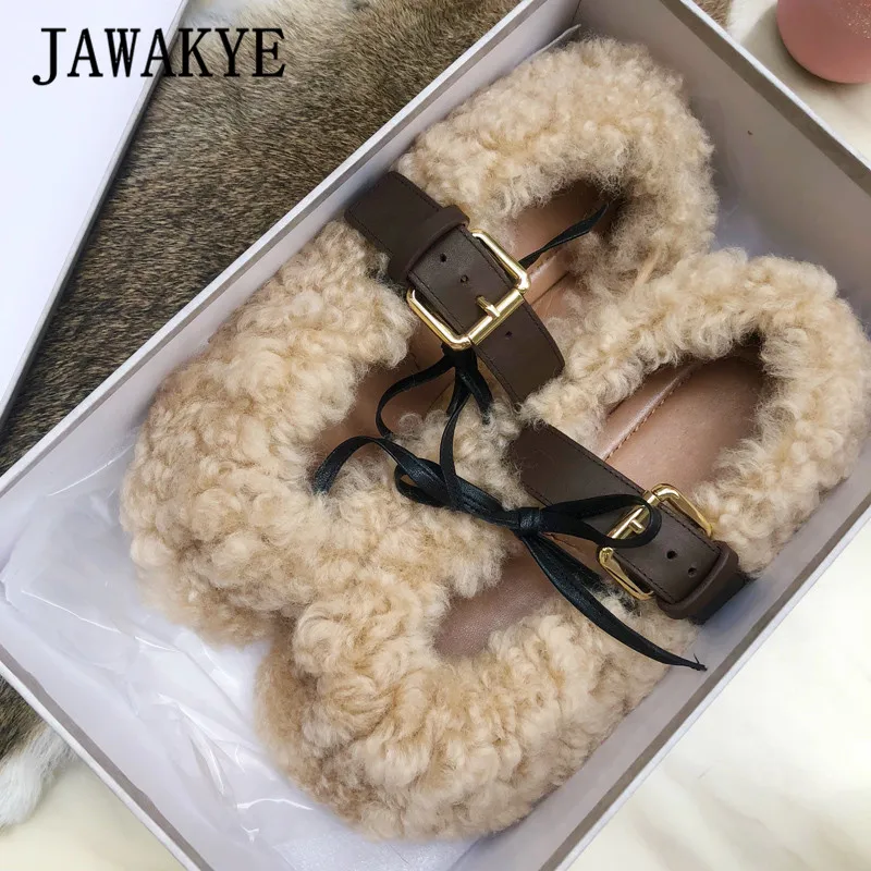 JAWAKYE новая зимняя одежда из шерсти на плоской подошве с мехом; туфли с ремешком на лодыжке, женские Балетки с круглым носком; туфли на плоской подошве, платформа, вьющиеся мех ягненка; лоферы; обувь; zapatos mujer