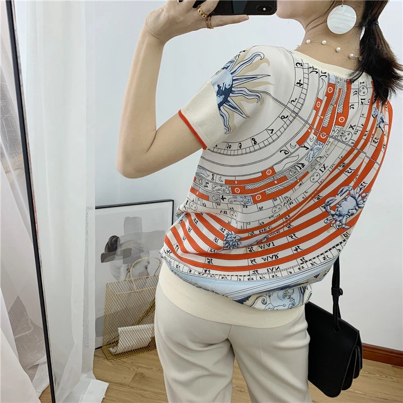 100% шелк Женская свободная футболка с принтом созвездия Высококачественная