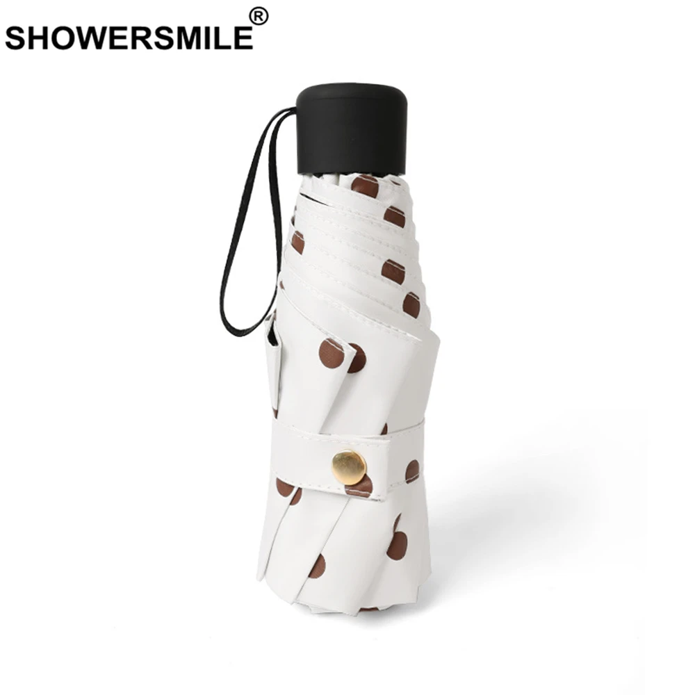 Зонт SHOWERSMILE женский в белый горошек модный легкий мини-зонтик Корейском стиле с