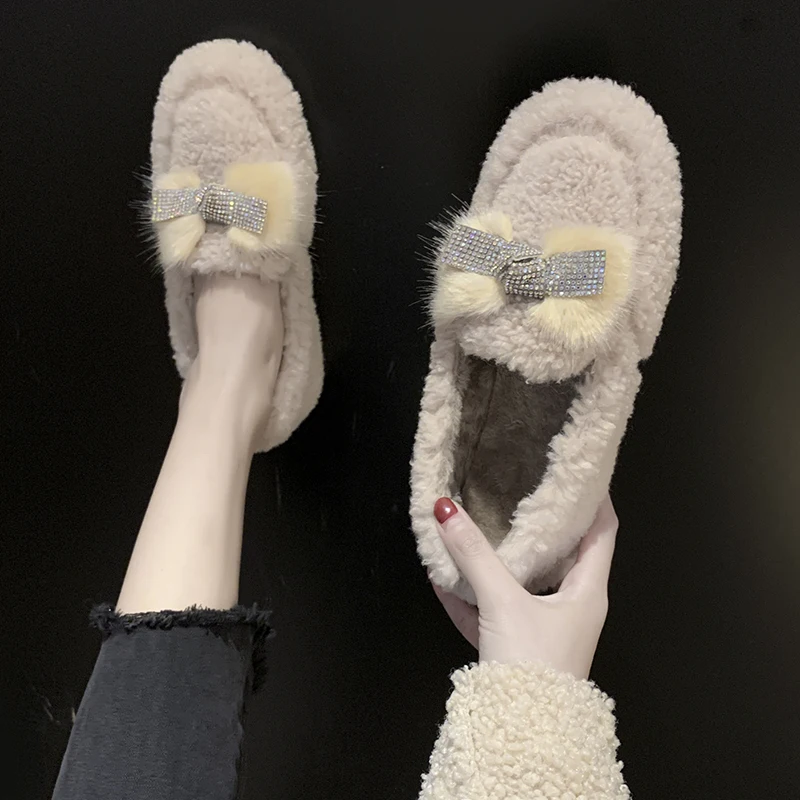 

Loafers Fur Korean Shoes Female Footwear Women's Moccasins Shallow Mouth Casual Sneaker Round Toe 2021 Dress New Winter Fashion