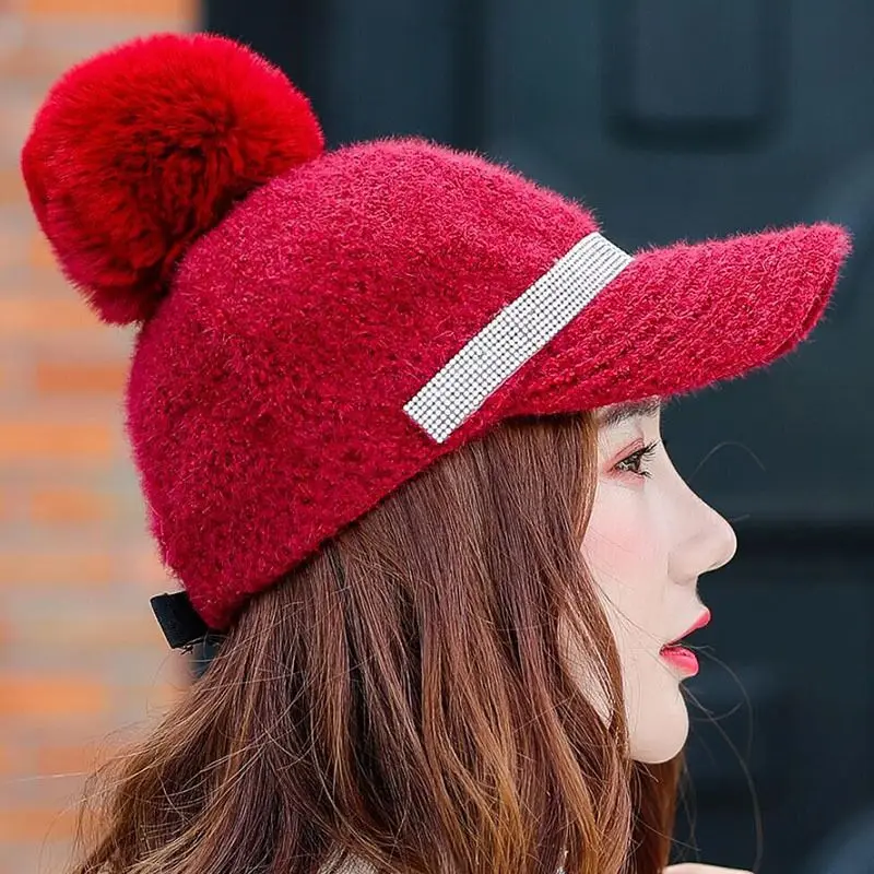 2019 New Winter Fur Pompom Hat For Women Autumn Cotton Knitted Baseball Cap With Pompon Brand Visor Caps Ladies Skullies Beanies |