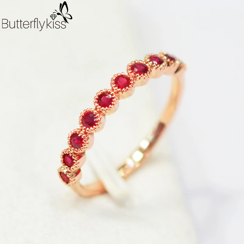

BK 18k Rose Gold Rings For Women Round Ruby Gemstone Diamond Rings Elegant Girls Anniversary Engagement Wedding Fine Jewelry