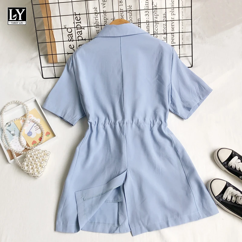 

LY VAREY LIN Summer Women Casual Loose High Waist Solid Color Suit Coat Shirt Office Lady Notched Short Sleeve Drawstring Shirts