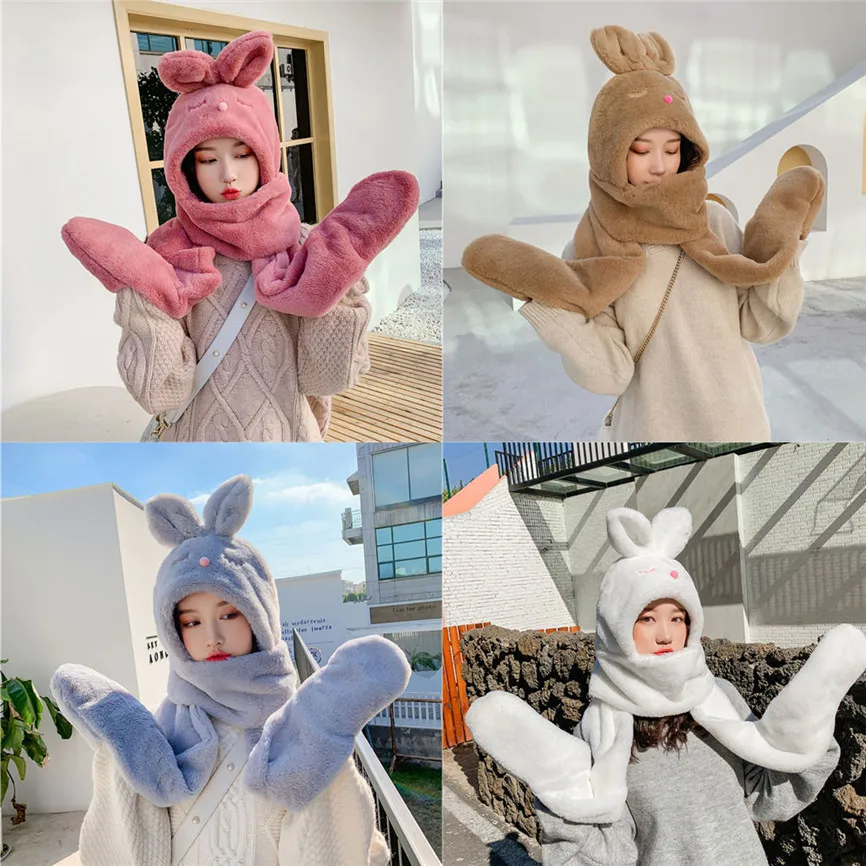 Популярная шапка с заячьими ушами 3 в 1 перчатками шарф магнитом плюшевая