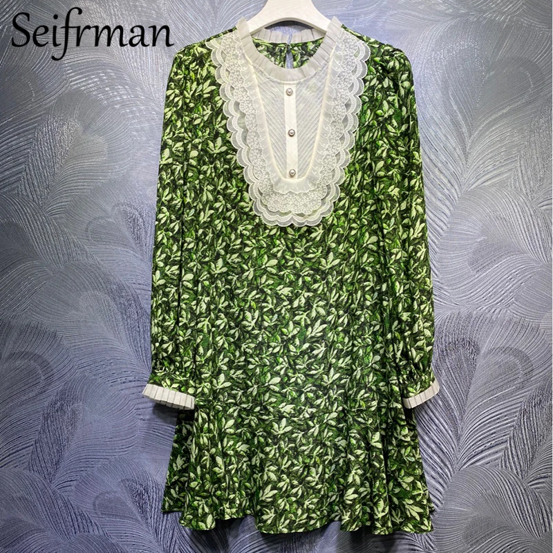 

Seifrmann, новинка 2021, женское летнее модное дизайнерское короткое шелковое платье с расклешенными рукавами, кружевные женские свободные плать...