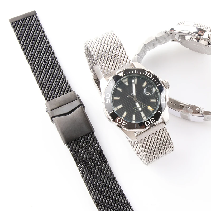 Фото Однотонный ремешок для наручных часов Breit-ling Seiko5, сетчатый мужской браслет из нержавеющей стали, плоская застежка, черный, серебристый, быст... №3