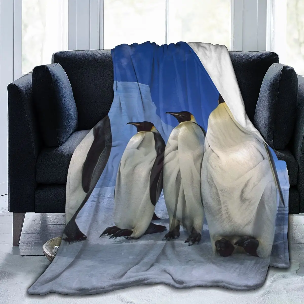 

Manta con estampado 3D de pingüino, colcha retro, ropa de cama, cuadrada, suave, de lana, para picnic, novedad
