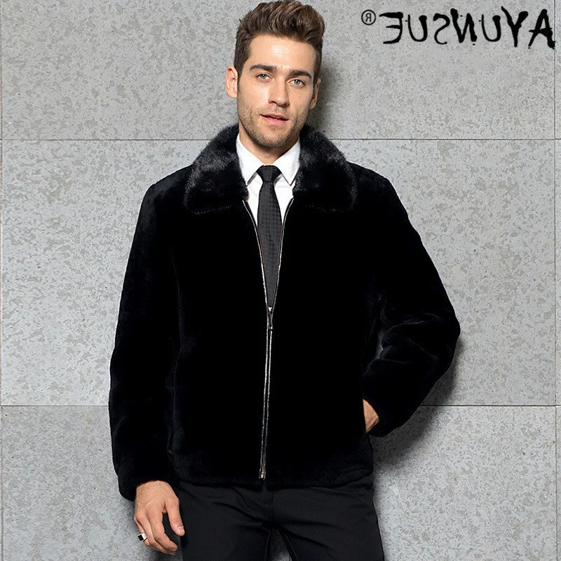 

Genuine men's coat, sheepskin jacket, Mink Collar, 100% wool coat