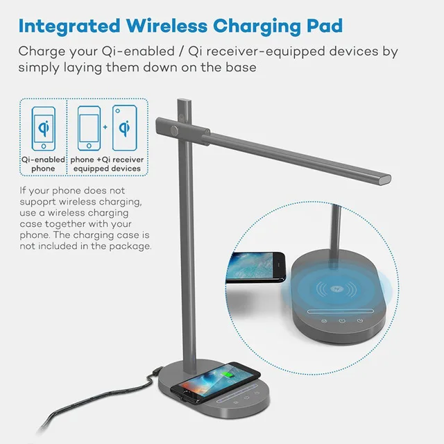 gray wireless USB порт зарядки современный светодиодный Настольный светильник с QI беспроводным зарядным телефоном 5 цветов Температура 6 уровень яркости офисный Рабочий светильник - Цвет корпуса: gray wireless