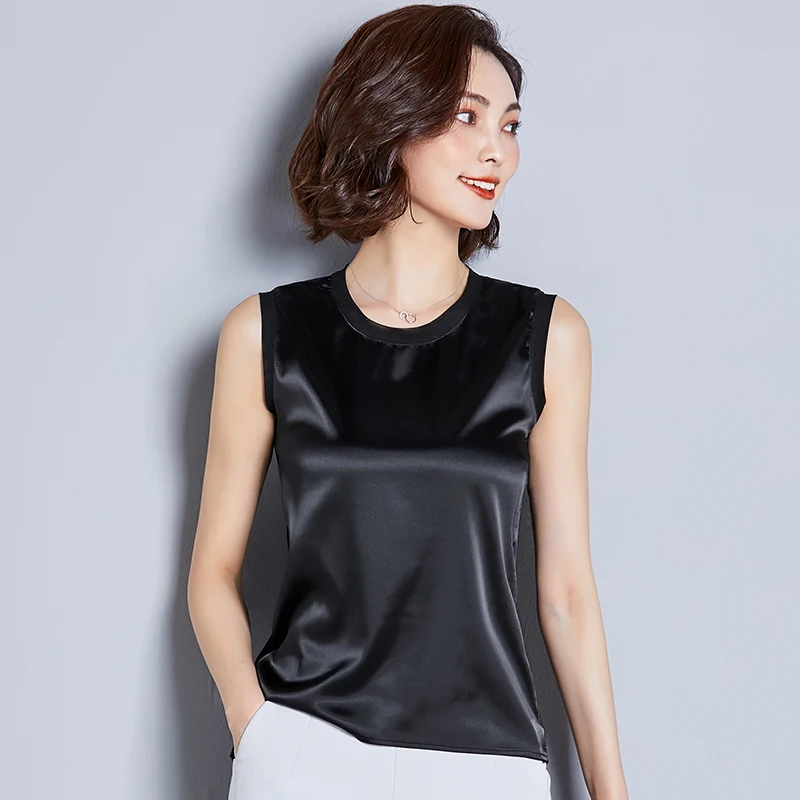 

Summer Korean Fashion Silk T-shirts for Women Vintage Satin Tops for Women Sleevesless Loose Black Office Lady Shirts