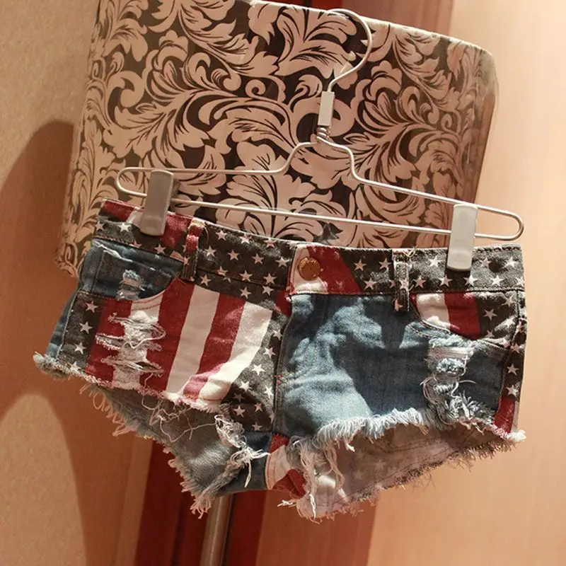 

MXMA Womens Sexy Low Rise Denim Shorts Color Block American Flag Print Hot Pants Distressed Ripped Tassels Summer Beach Mini