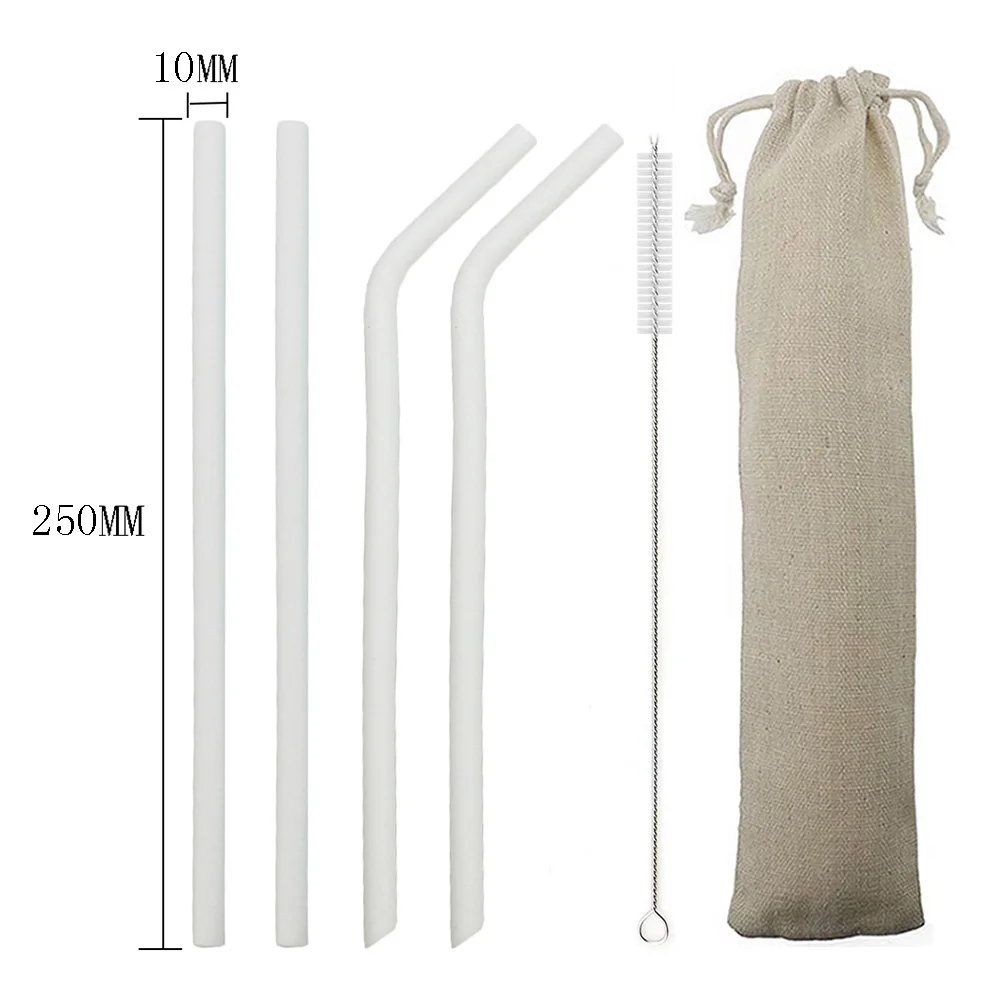 white 250mm 6 шт./компл. красочное питье силиконовая трубочка набор 23 см 25 см пищевой соломинки для путешествий многоразовая солома с кистью сумка для хранения - Цвет: white 250mm