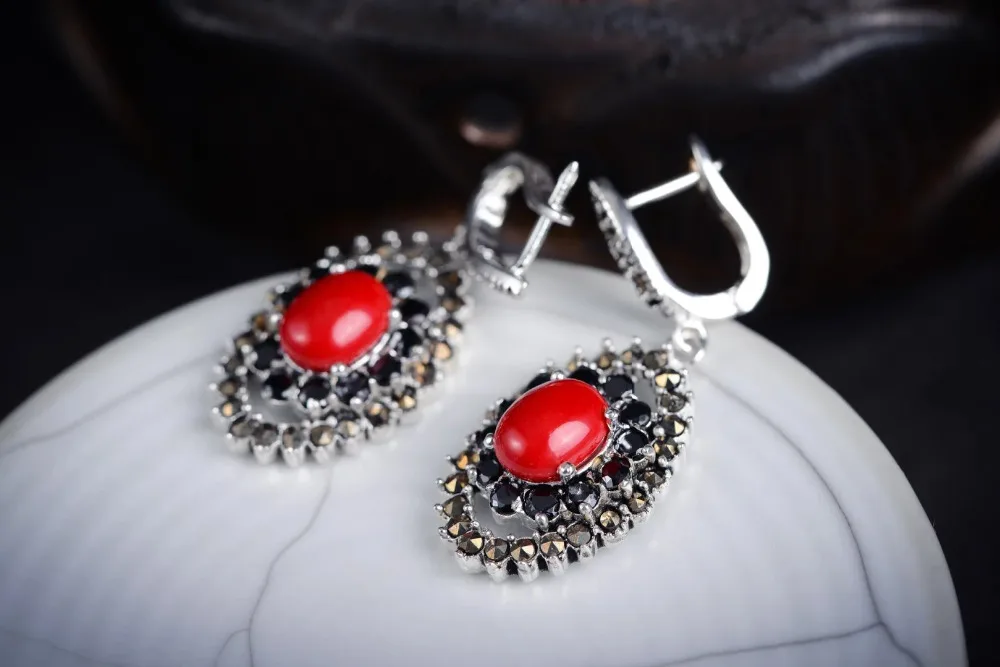 

Vintage Retro Red Garnet Drop Earring Chalcedony Gems Long 925 Earring Silver natural gem/jade/coral/opal Marcasite Earrings