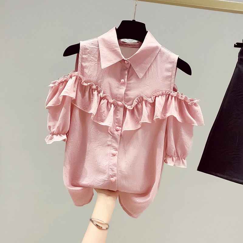 Женская шифоновая блузка с коротким рукавом свободная оборками и открытыми