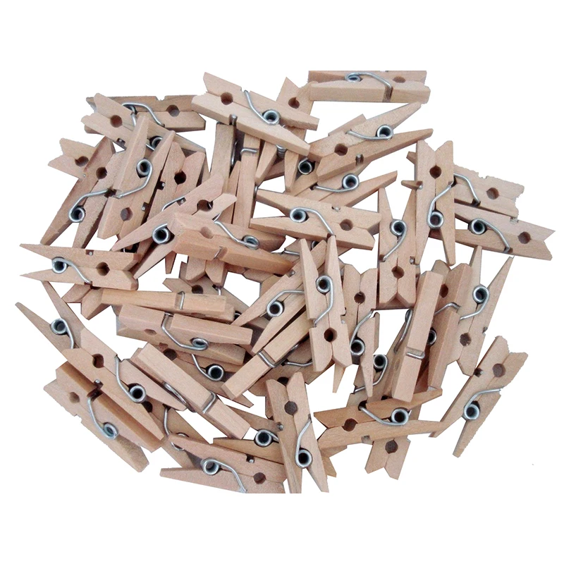 

100 pcs/set 25mm mini Wooden clip natural craft pin line photo baby