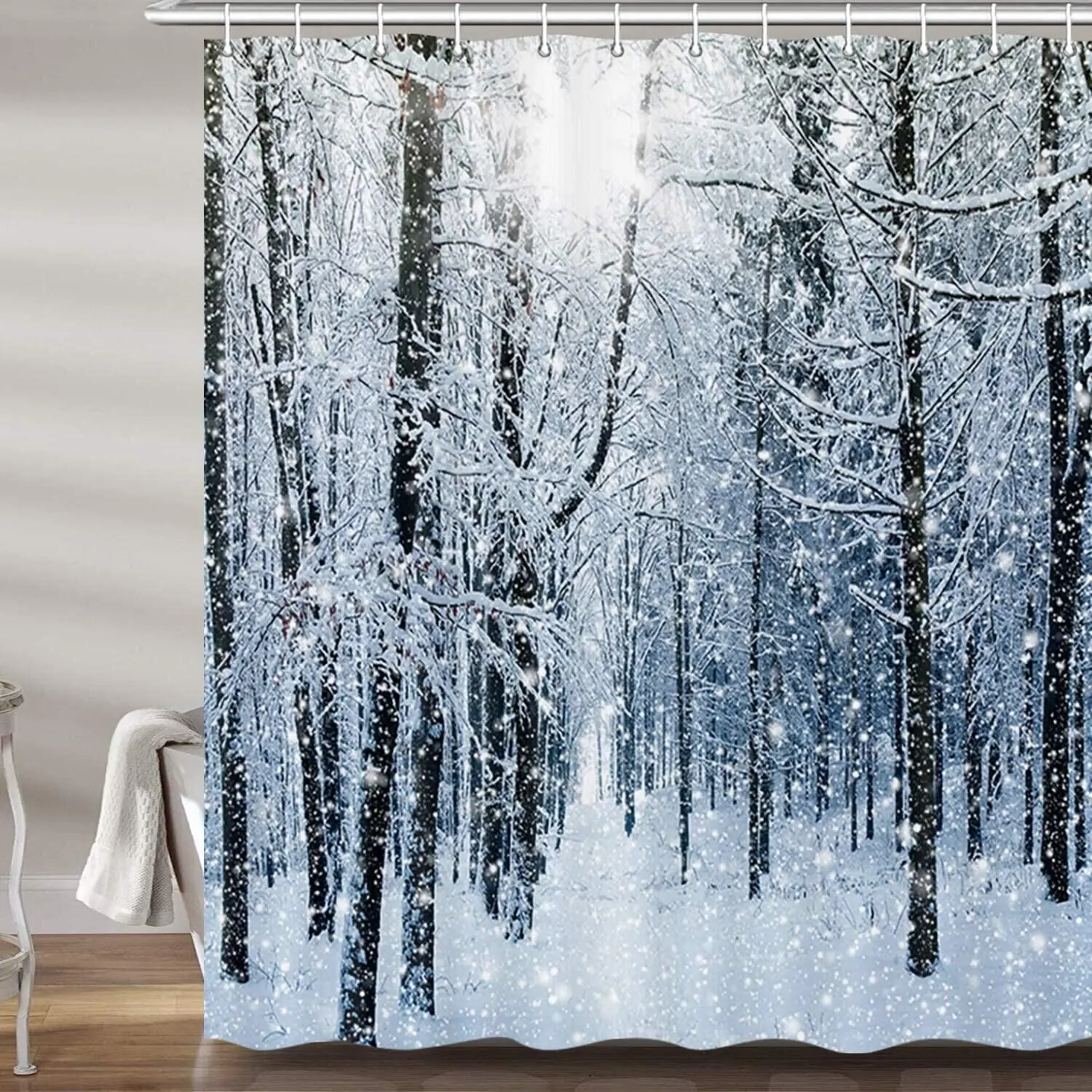 

Winter Snow Forest Shower Curtain, White Trees Woods Rustic Nature Scene Bath Curtains Set,Polyester Fabric Bathroom Decor Hooks
