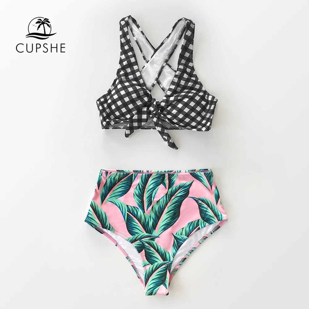 CUPSHE Gingham and ладонь печати высокой талией бикини наборы сексуальный лук-купальник