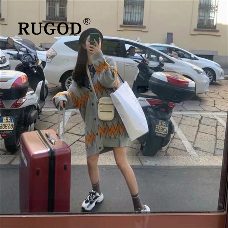 Женский кардиган с длинным рукавом RUGOD свободный трикотажный оверсайз принтом в