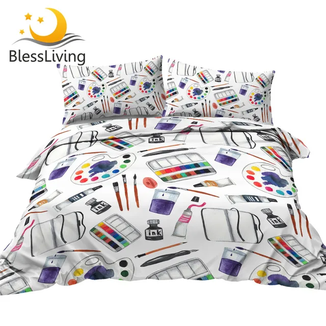 BlessLiving Art Supplies Bedding Set Watercolor Duvet Cover Paints Palette Bed Set King Brushes Ink Bedclothes Bedroom Decor 1