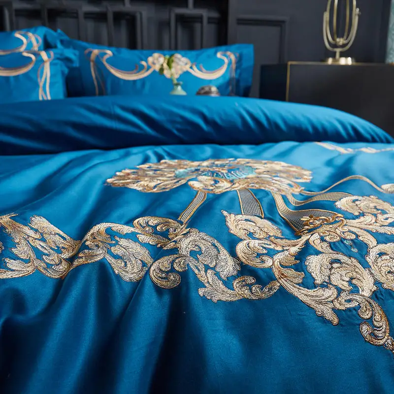 4/6 шт. благородный синий комплект постельного белья с вышивкой/сатиновый