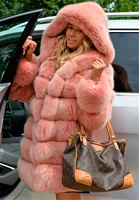 fengguilai fashion luxury fake fur coat women 80 cm long natural fox fur jacket with big fur hood full sleeve winter thick fur