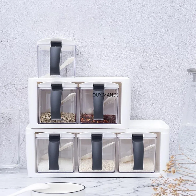 

Plastic Spice Rack Seasoning Storage Boxes Spice Jars With Handle Spoon Kitchen Cooking Tool Herb Container Condiment Pepper Pot