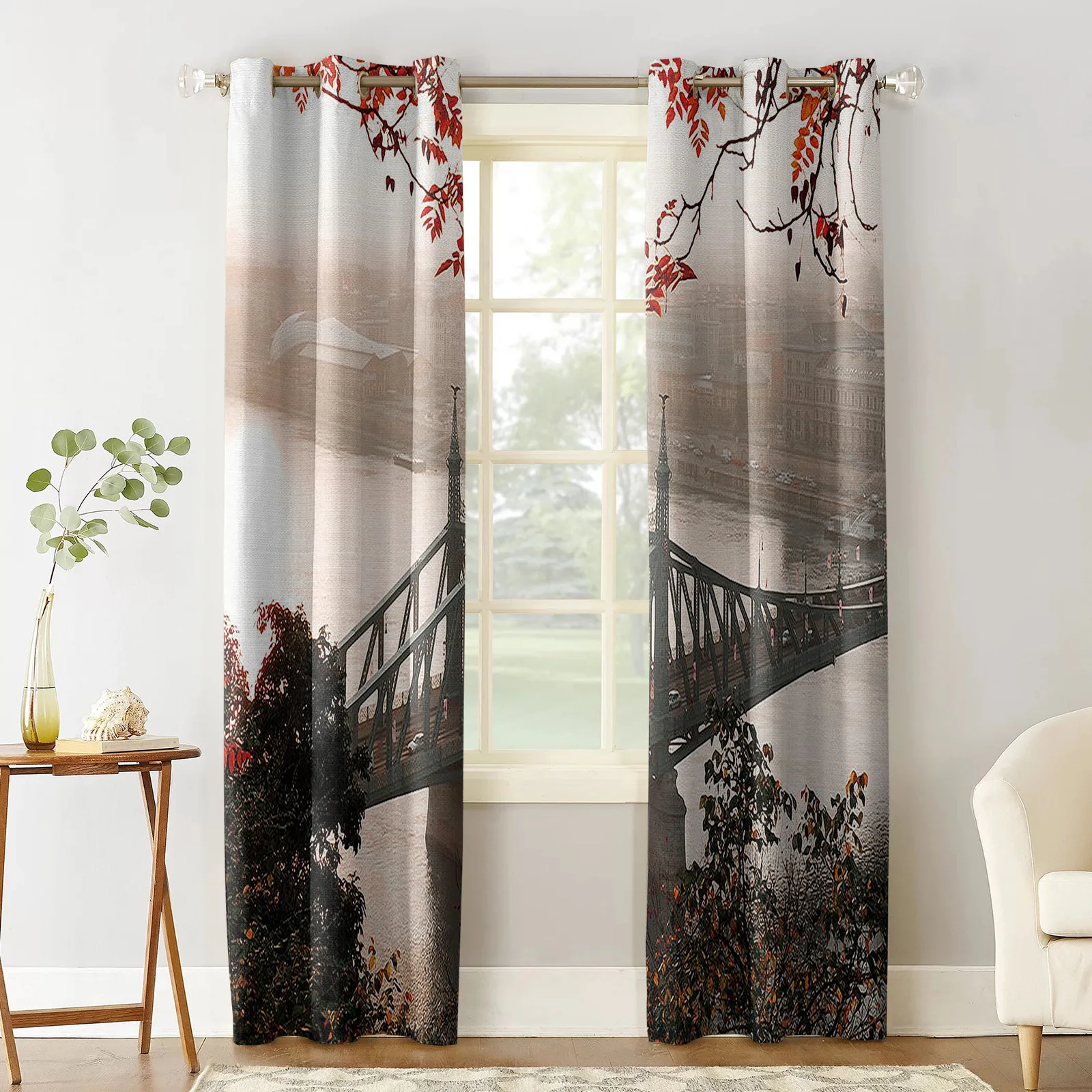 Осенний красный лист Лондонский мост видит оконные занавески для гостиной спальни Современное домашнее украшение Детские занавески.